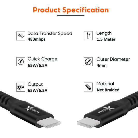 Royal Star Type C to Type C Cable, 65W 6.5A Fast Charging, Net Braided Cord, 480mbps Data Transfer Speed, for Smartphones, Android Phones, Tablets, Music Players (4.9 ft, 1.5M, Black) - Royal Star