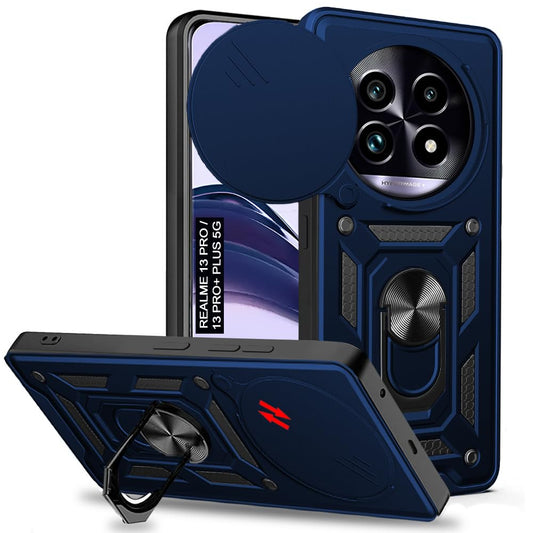 Realme 13 Pro / Realme 13 Pro Plus Premium Quality Tough Armor Sliding Camera Shield Cover & Ring Holder Stand Back Cover Case