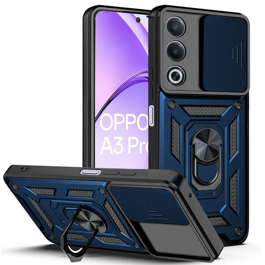 Premium Quality Tough Armor Sliding Camera Shield Cover & Ring Holder Stand Back Cover Case For Oppo A3 Pro 5G