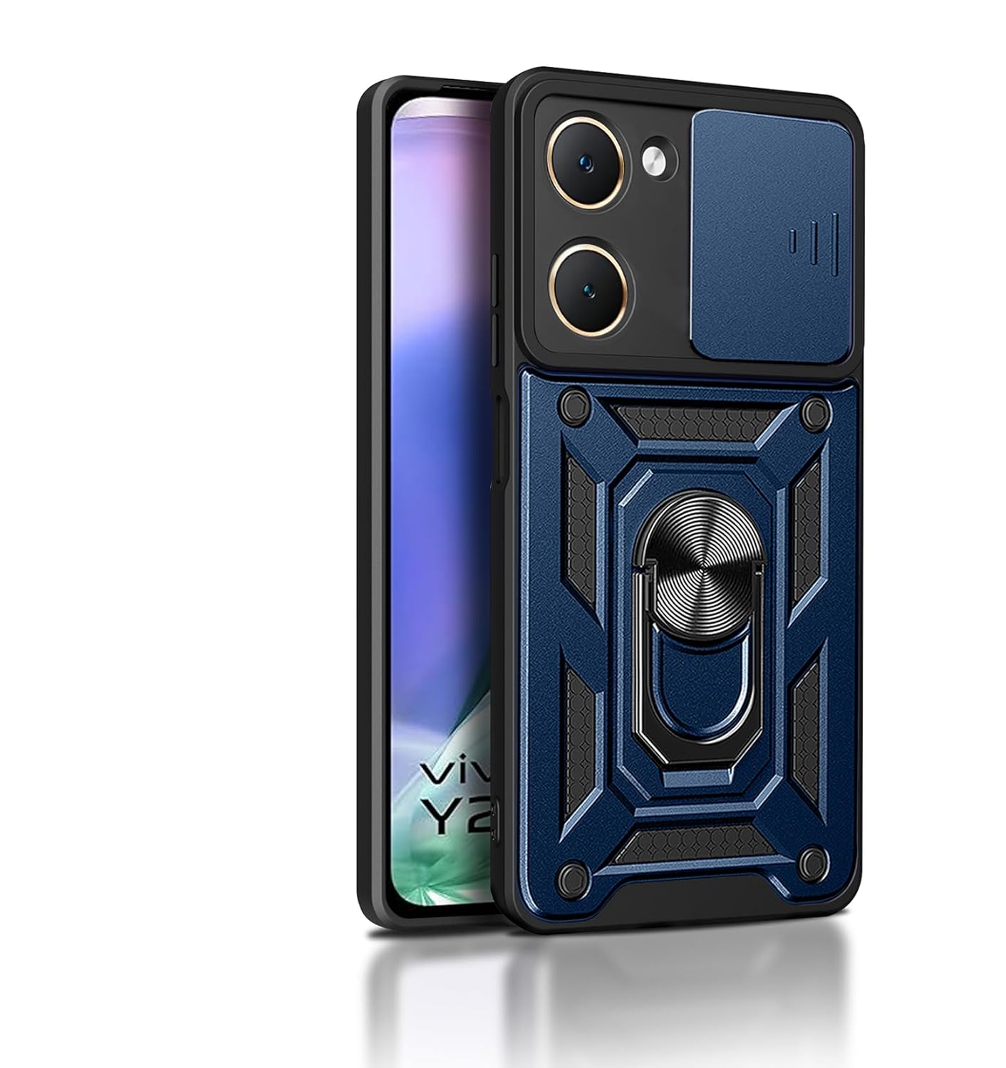 Premium Quality Tough Armor Sliding Camera Shield Cover & Ring Holder Stand Back Cover Case For Vivo Y18 / Y18e / Y03 / Y28e 5g / Y28s 5G - Royal Star