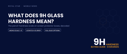 9H tempered glass hardness explained banner with hexagon shield glass pattern