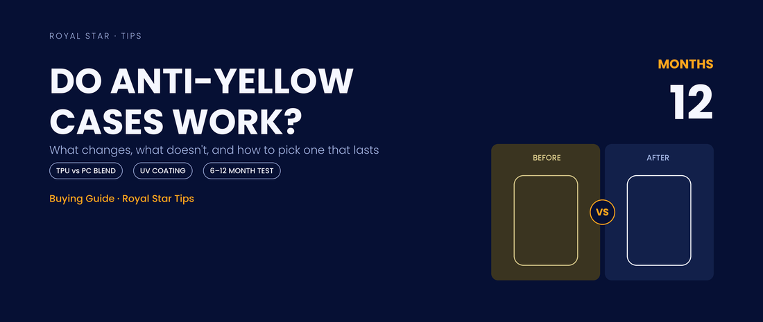 Do anti yellow back covers actually work, before and after split comparison graphic showing yellowed case versus clear case