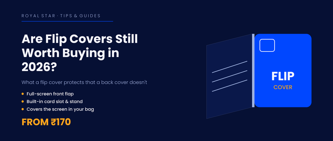 Flip cover buying guide banner showing an open hinged leather flip cover with card slots, from ₹170