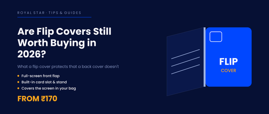 Flip cover buying guide banner showing an open hinged leather flip cover with card slots, from ₹170