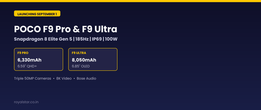 POCO F9 Pro and F9 Ultra launch banner showing Snapdragon 8 Elite Gen 5 specs and September 1 launch date