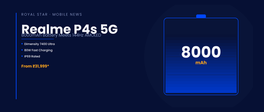 Realme P4s 5G India launch banner showing 8000mAh battery and Dimensity 7400 Ultra specs