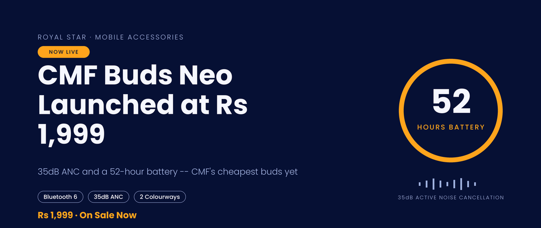 CMF Buds Neo India launch banner showing Rs 1,999 price and 52-hour battery life
