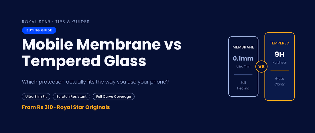 Mobile membrane versus tempered glass comparison banner showing 0.1mm ultra-thin membrane against 9H hardness tempered glass