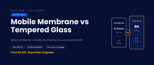 Mobile membrane versus tempered glass comparison banner showing 0.1mm ultra-thin membrane against 9H hardness tempered glass