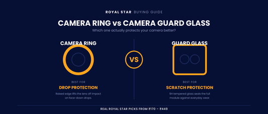 Camera ring vs camera guard glass comparison banner showing drop protection versus scratch protection