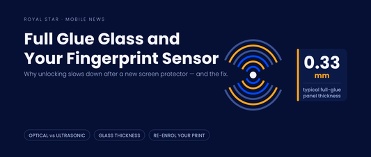 Fingerprint ridge graphic explaining how full glue tempered glass affects in-display fingerprint sensor unlock speed