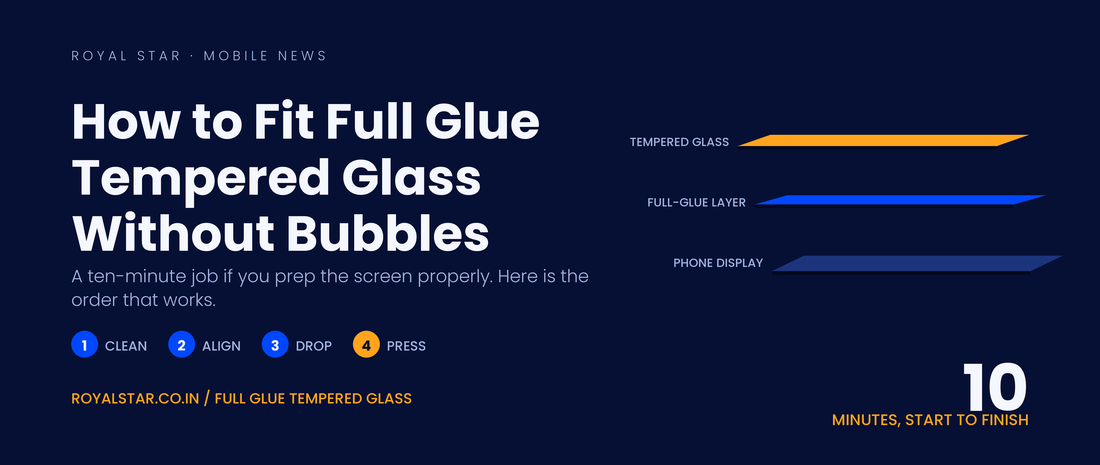 How to fit full glue tempered glass without bubbles, showing the glass, adhesive and display layers with a four-step process