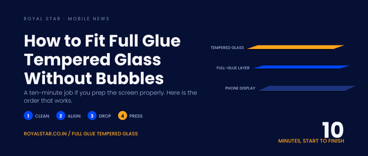 How to fit full glue tempered glass without bubbles, showing the glass, adhesive and display layers with a four-step process