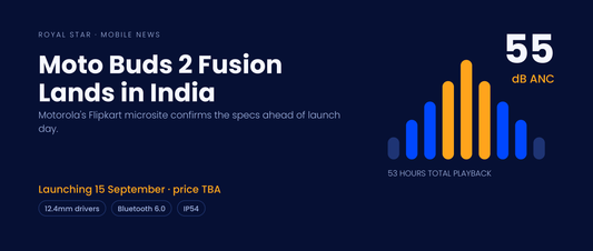 Moto Buds 2 Fusion India launch banner showing 55dB ANC as a level meter of audio bars