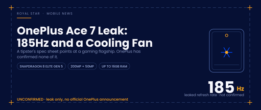 OnePlus Ace 7 leak banner in blueprint style showing a leaked 185Hz refresh rate, marked unconfirmed