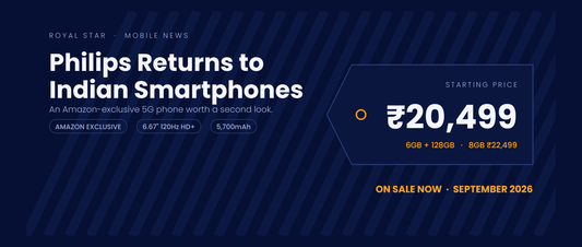 Philips S7221 5G India launch banner showing a starting price of Rs 20,499 on a price-tag graphic