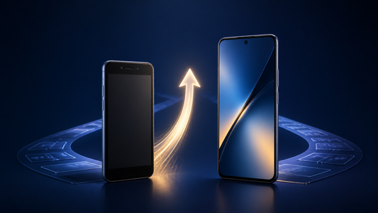 Editorial illustration of a smartphone upgrade journey
