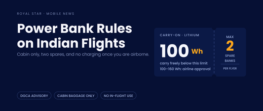 Boarding pass style banner explaining DGCA power bank rules on Indian flights, 100Wh limit and maximum two spare power banks