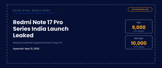 Redmi Note 17 Pro and Pro Max India launch leak banner showing tipped 9000mAh and 10000mAh batteries, unconfirmed leak