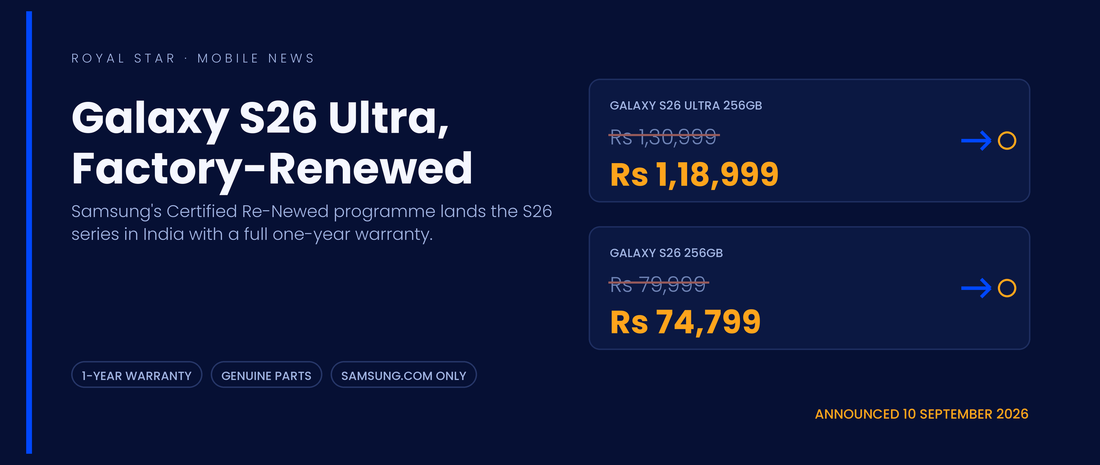 Samsung Galaxy S26 Certified Re-Newed India price list showing Rs 1,18,999 for the S26 Ultra 256GB and Rs 74,799 for the Galaxy S26 256GB