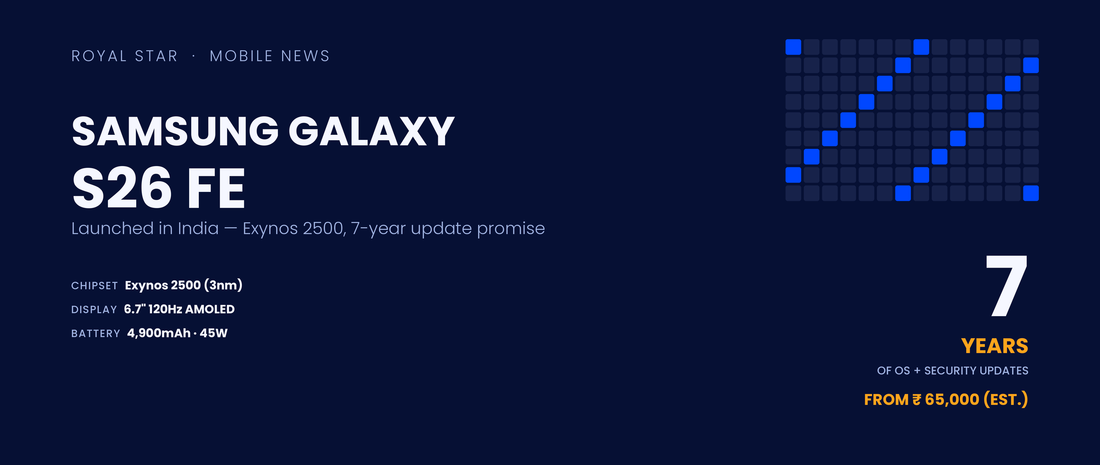 Samsung Galaxy S26 FE India launch banner with Exynos 2500 chipset and 7-year update specs