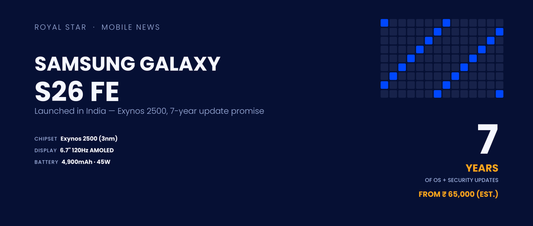 Samsung Galaxy S26 FE India launch banner with Exynos 2500 chipset and 7-year update specs