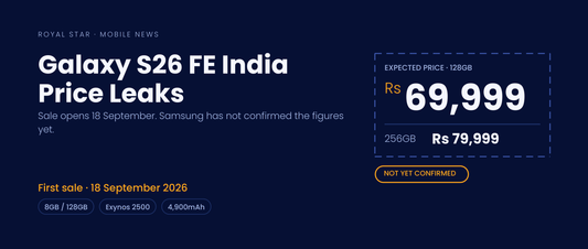 Samsung Galaxy S26 FE India expected price of Rs 69,999 shown in a dashed blueprint frame marked not yet confirmed