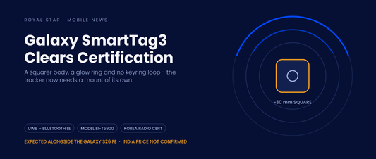 Samsung Galaxy SmartTag3 certification banner showing the new rounded-square 30mm tracker design with Ultra-Wideband and Bluetooth LE locator rings