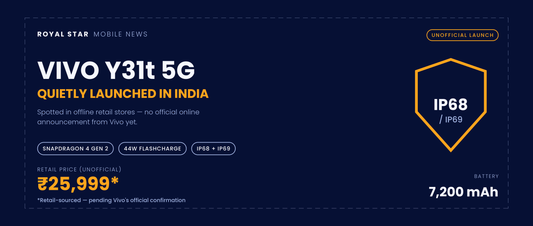 Vivo Y31t 5G quietly launched in India banner showing IP68/IP69 rating, 7200mAh battery and unofficial price
