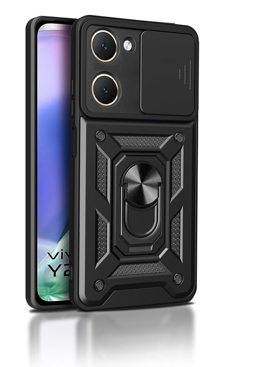 Premium Quality Tough Armor Sliding Camera Shield Cover & Ring Holder Stand Back Cover Case For Vivo Y18 / Y18e / Y03 / Y28e 5g / Y28s 5G