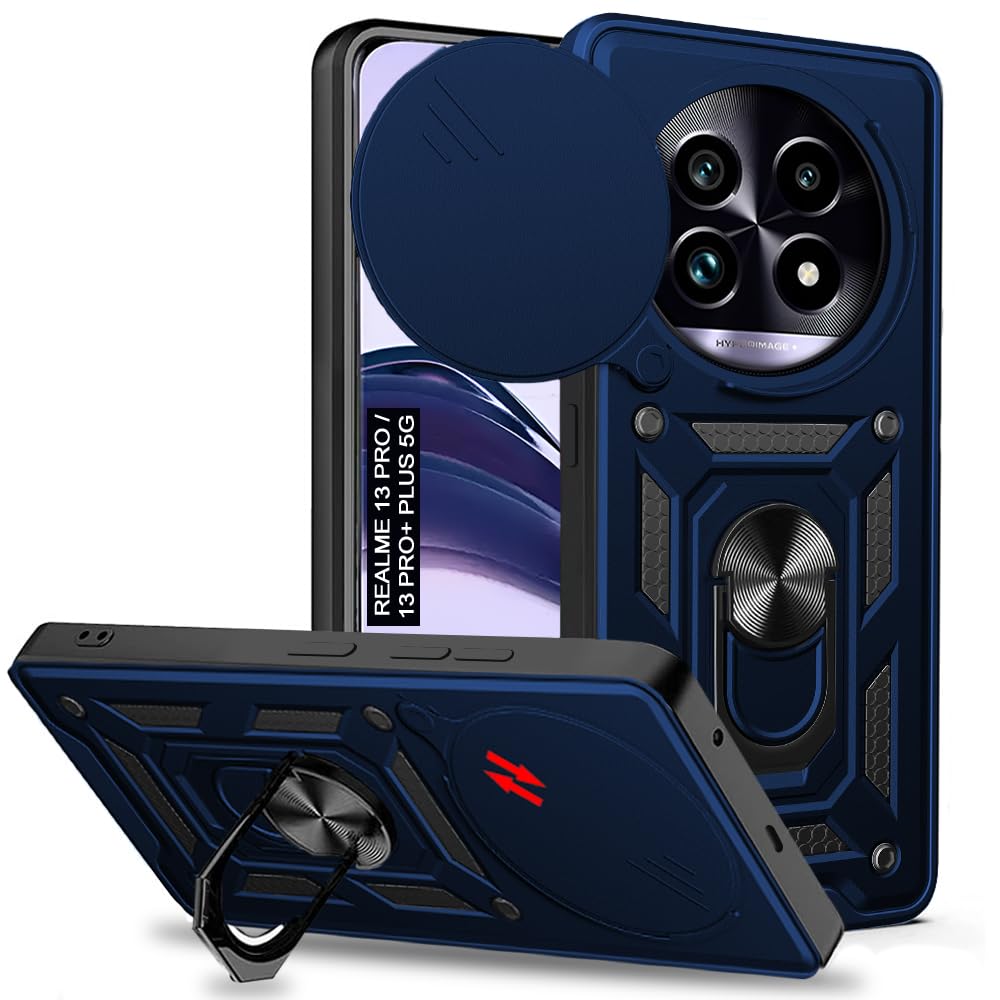 Realme 13 Pro / Realme 13 Pro Plus Premium Quality Tough Armor Sliding Camera Shield Cover & Ring Holder Stand Back Cover Case