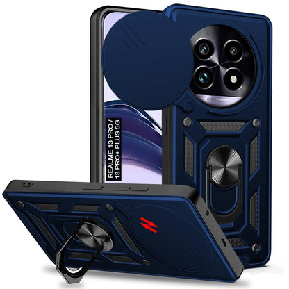 Realme 13 Pro / Realme 13 Pro Plus Premium Quality Tough Armor Sliding Camera Shield Cover & Ring Holder Stand Back Cover Case