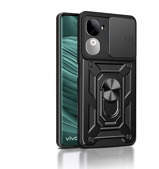 Premium Quality Tough Armor Sliding Camera Shield Cover & Ring Holder Stand Back Cover Case For Vivo V40E & iQOO Z9S 5G