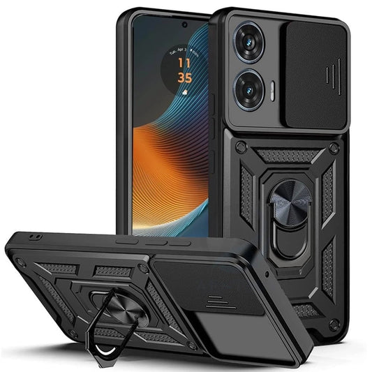 Premium Quality Tough Armor Sliding Camera Shield Cover & Ring Holder Stand Back Cover Case For Motorola Moto Edge 50 Fusion
