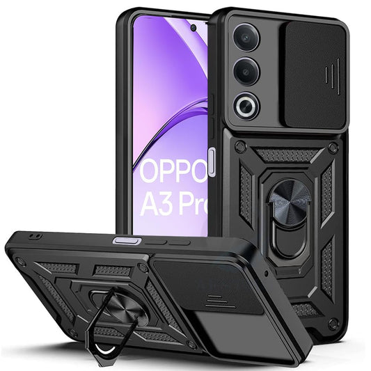 Premium Quality Tough Armor Sliding Camera Shield Cover & Ring Holder Stand Back Cover Case For Oppo A3 Pro 5G