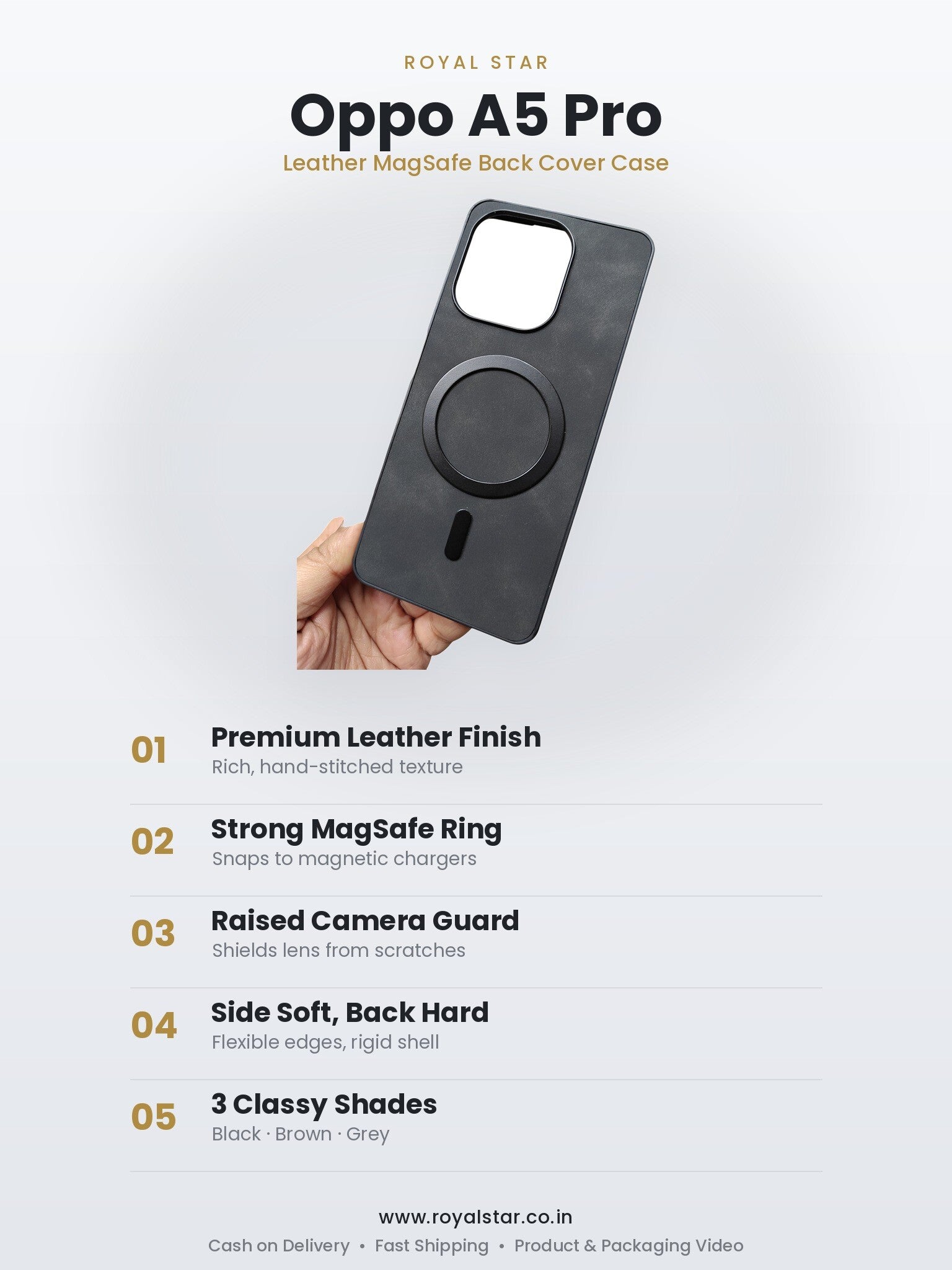 Oppo A5 Pro Leather MagSafe Case features - Royal Star