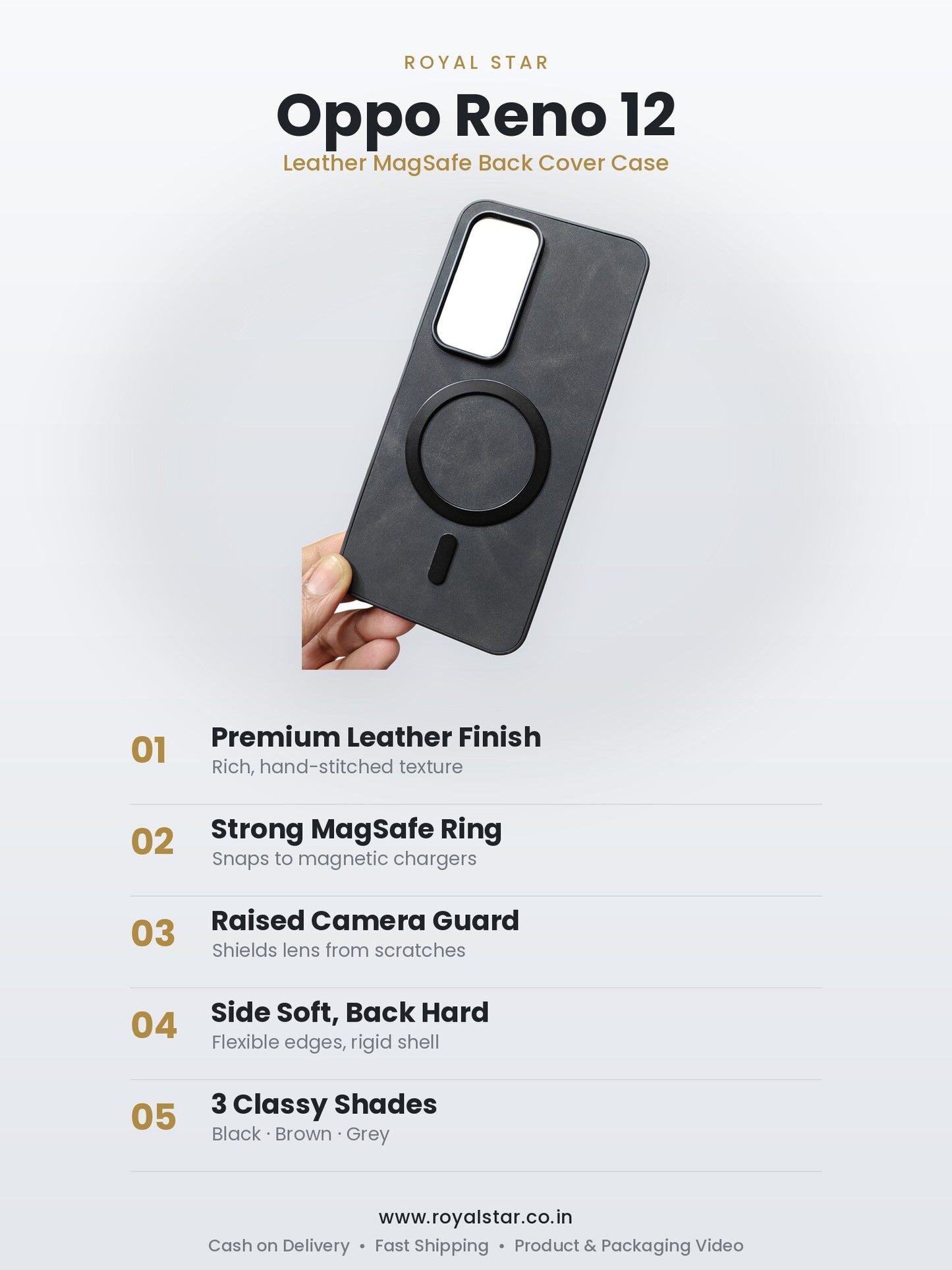 Oppo Reno 12 Leather MagSafe Case features - Royal Star
