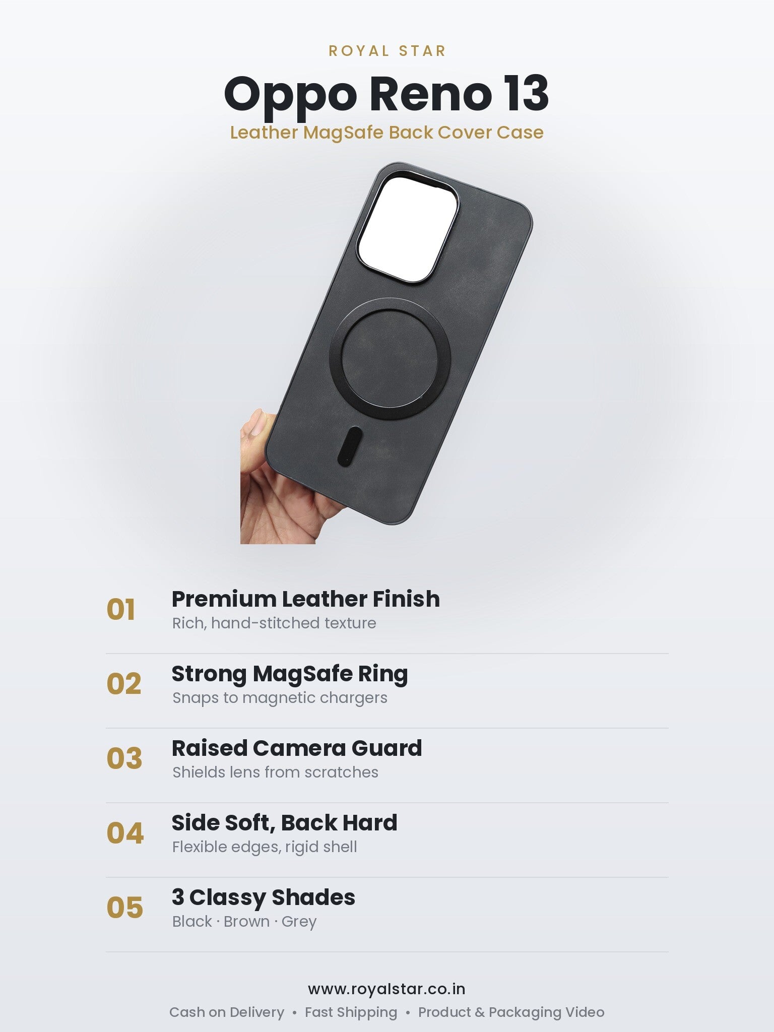 Oppo Reno 13 Leather MagSafe Case features - Royal Star