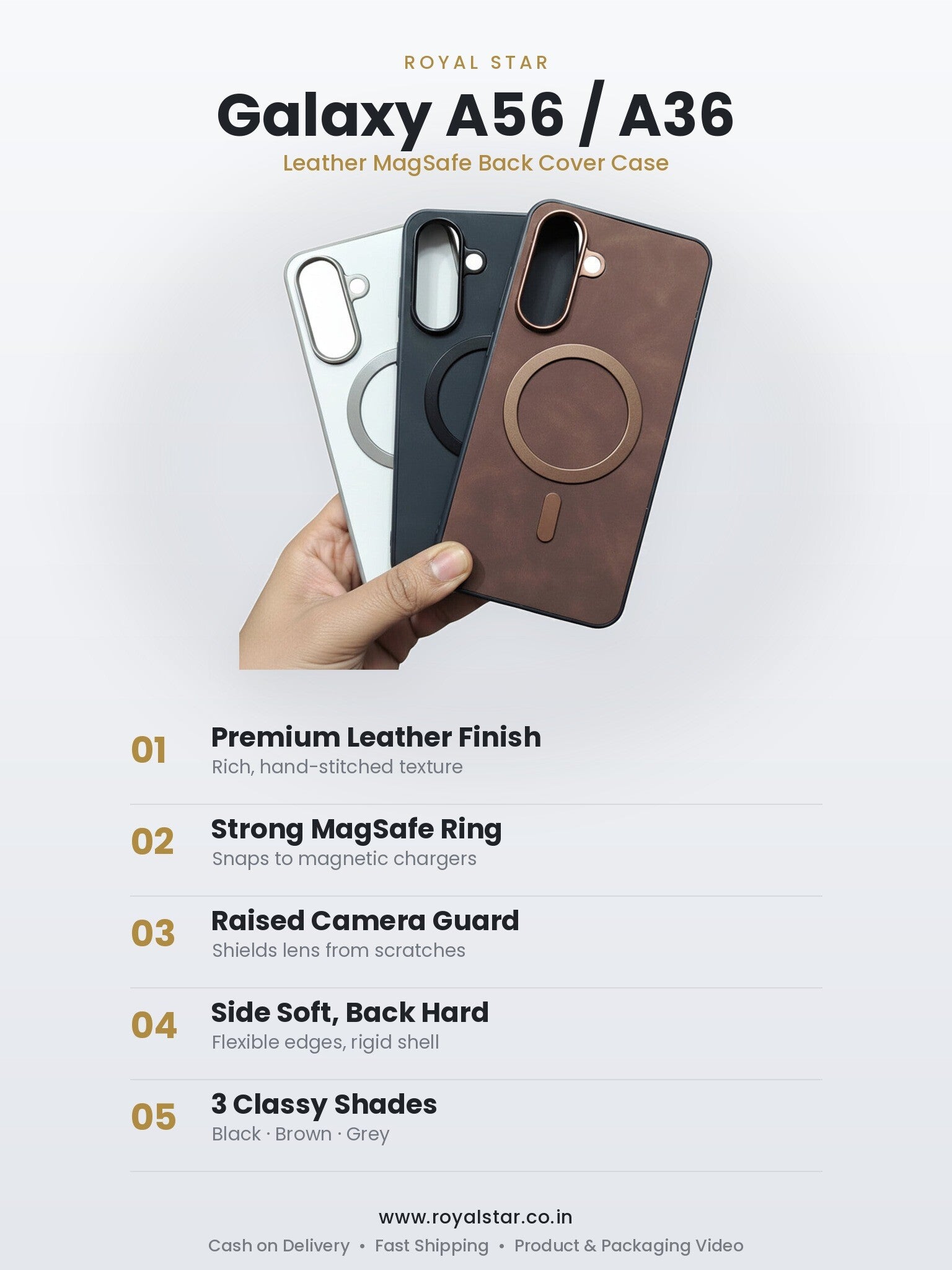 Samsung Galaxy A56 Leather MagSafe Case features - Royal Star