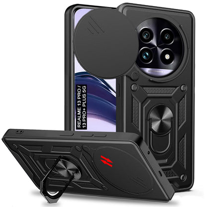 Realme 13 Pro / Realme 13 Pro Plus Premium Quality Tough Armor Sliding Camera Shield Cover & Ring Holder Stand Back Cover Case