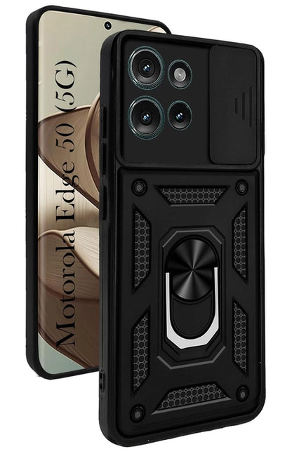 Premium Quality Tough Armor Sliding Camera Shield Cover & Ring Holder Stand Back Cover Case For Motorola Moto Edge 50