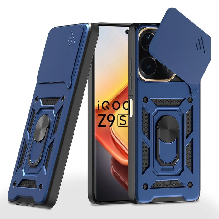 Premium Quality Tough Armor Sliding Camera Shield Cover & Ring Holder Stand Back Cover Case For Vivo T3 Pro & iQOO Z9S Pro 5G