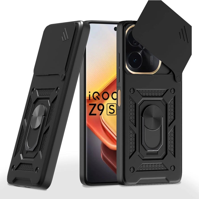 Premium Quality Tough Armor Sliding Camera Shield Cover & Ring Holder Stand Back Cover Case For Vivo T3 Pro & iQOO Z9S Pro 5G