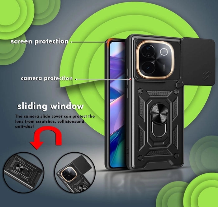 Premium Quality Tough Armor Sliding Camera Shield Cover & Ring Holder Stand Back Cover Case For Vivo T3 Pro & iQOO Z9S Pro 5G - Royal Star