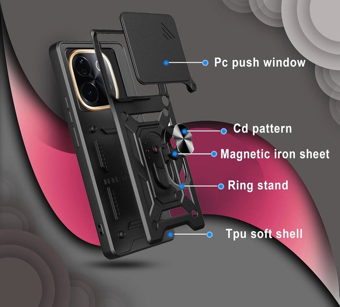 Premium Quality Tough Armor Sliding Camera Shield Cover & Ring Holder Stand Back Cover Case For Vivo T3 Pro & iQOO Z9S Pro 5G - Royal Star